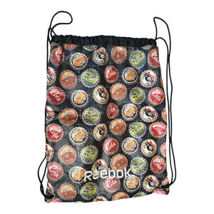 Vintage Reebok Black Multicolor Beverage Caps Print Drawstring Bag